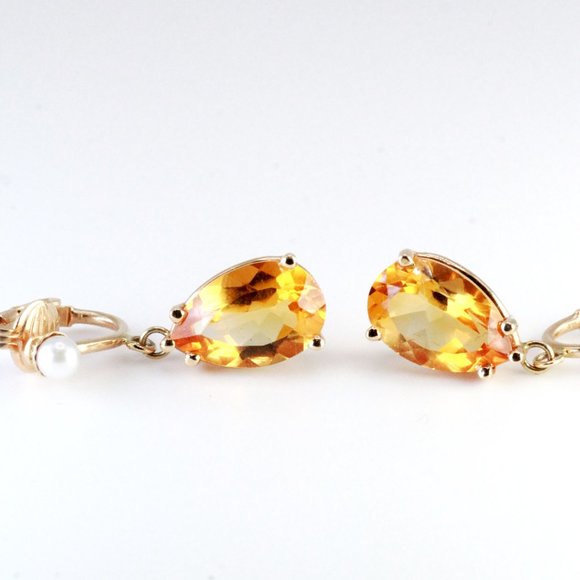 14K Gold Vintage Citrine Pearl Retro Clip Earrings - Picture 5 of 8